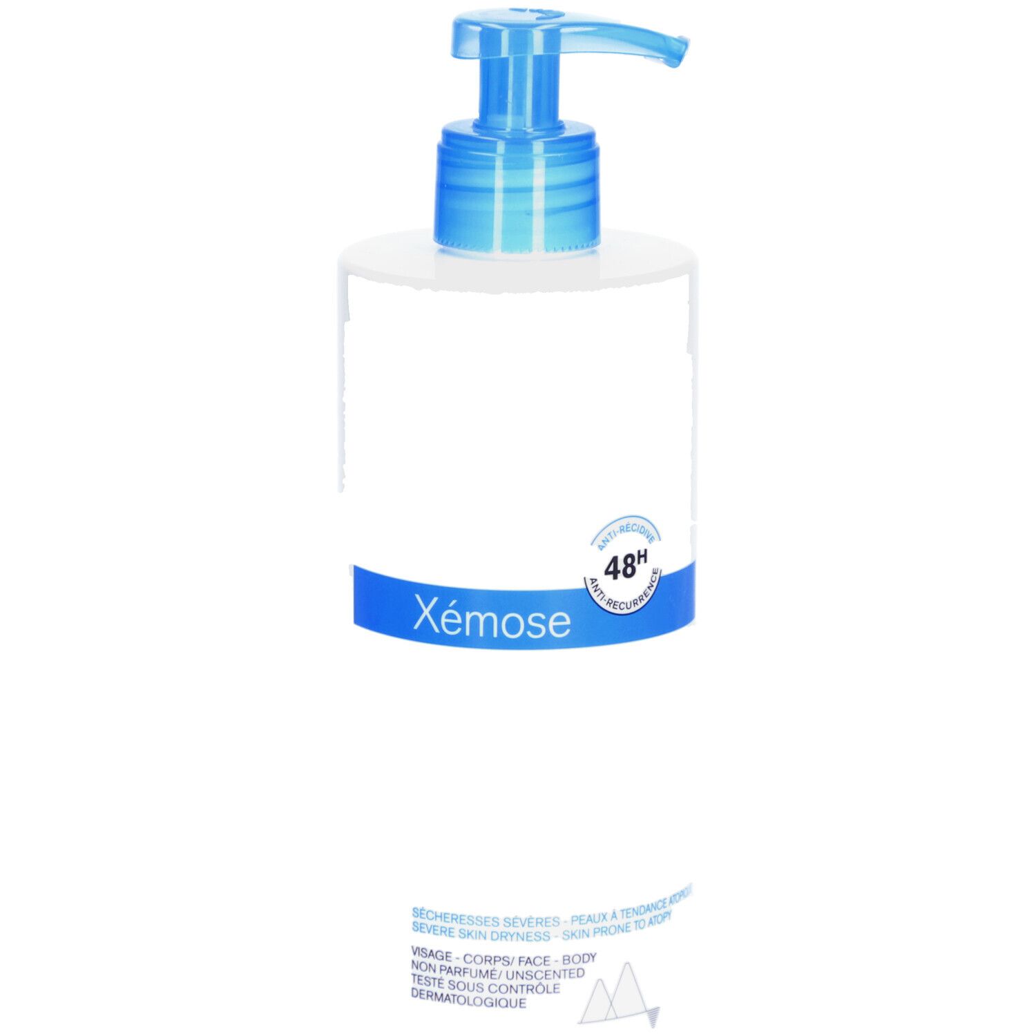 Witte fles met blauwe pomp. Uriage Xémose. 48u bescherming. Voor droge, atopische huid.