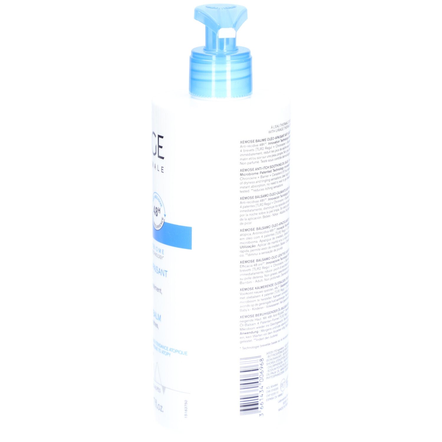 Witte fles met blauwe pomp. Uriage Xémose. Achterkant met tekst. Productweergave.