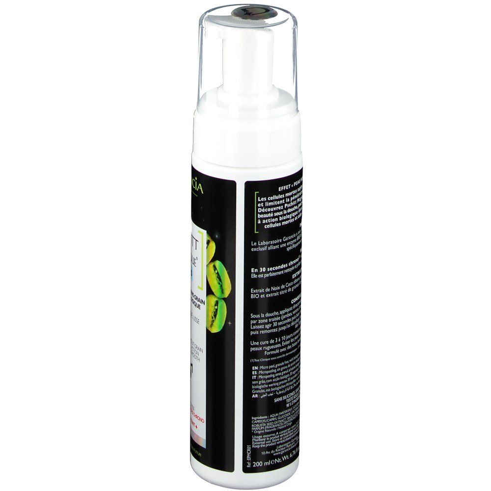 Weißer Spender mit schwarzem Etikett. Text auf Französisch. Produktinformationen und Inhaltsstoffe.