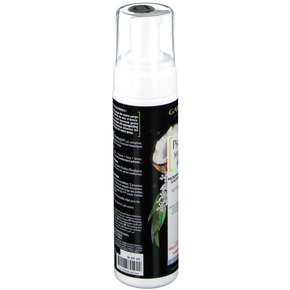 Weißer Spender mit schwarzem Etikett. Text auf Französisch. Produktinformationen und Inhaltsstoffe.