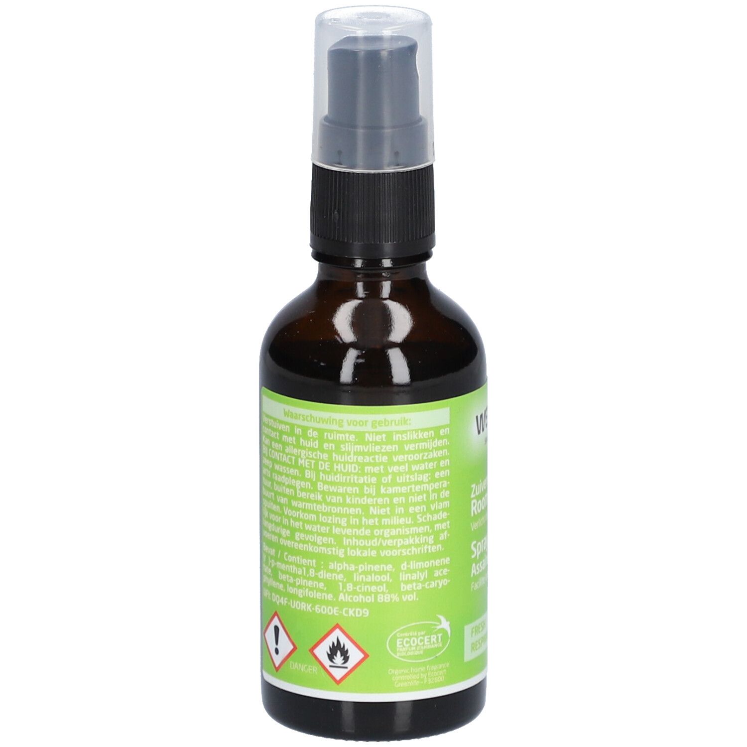 Flacon en verre brun avec vaporisateur. Dos avec texte et symboles de danger. Étiquette avec logo ECOCERT.