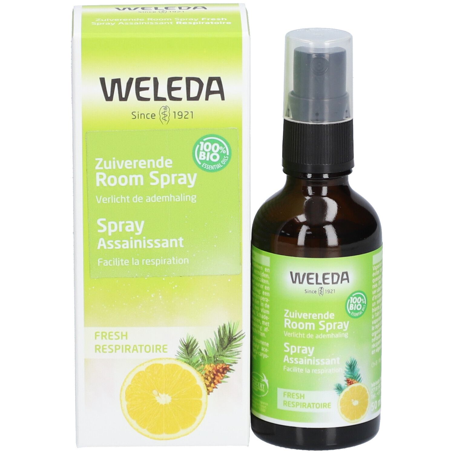 Produit et emballage. Flacon en verre brun avec vaporisateur et emballage blanc. Logo WELEDA et texte.