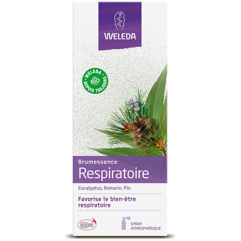 Emballage blanc avec logo WELEDA et nom du produit. Illustration de branches de pin et de pin parasol. Texte en français.