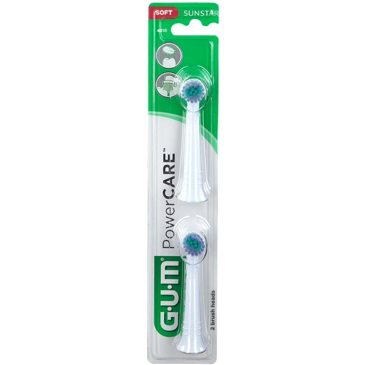 Deux têtes de brosse de rechange en emballage blister. Têtes blanches avec poils verts. G.U.M PowerCare, Sunstar. Marqué "Soft".