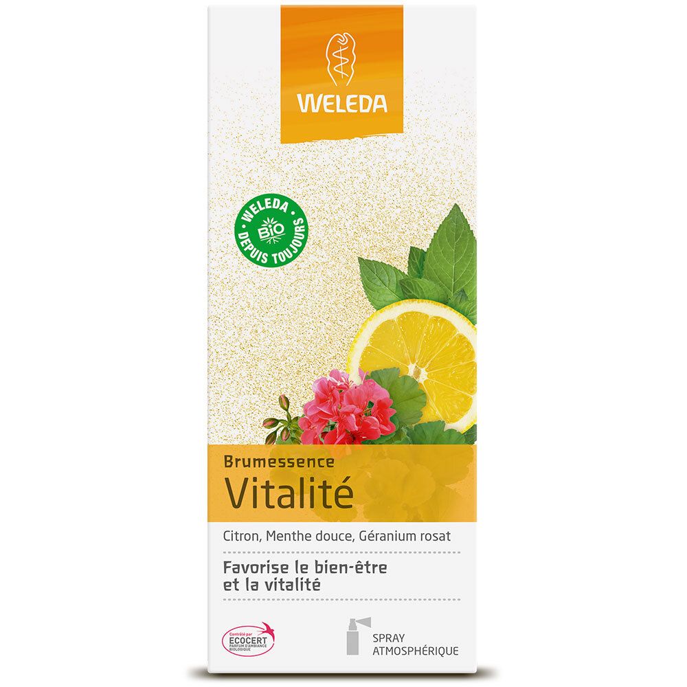 Spray Vitalité Weleda. Emballage jaune avec illustration et texte. Certification bio.