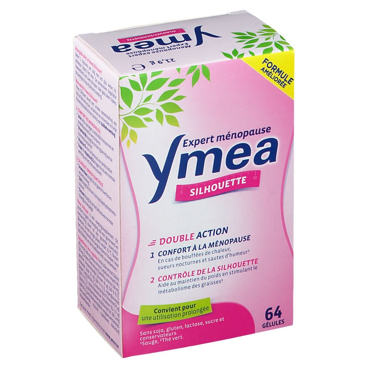 Achterkant Ymea Silhouette verpakking. Bevat informatie over ingrediënten en gebruik. 64 capsules.