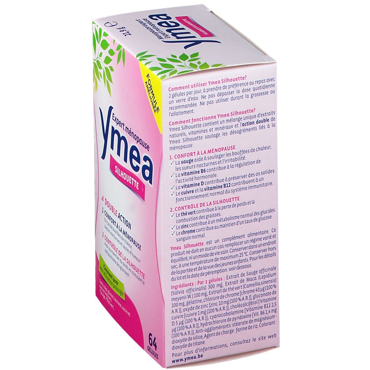 Zijaanzicht Ymea Silhouette verpakking. Bevat informatie over ingrediënten en gebruik. 64 capsules.