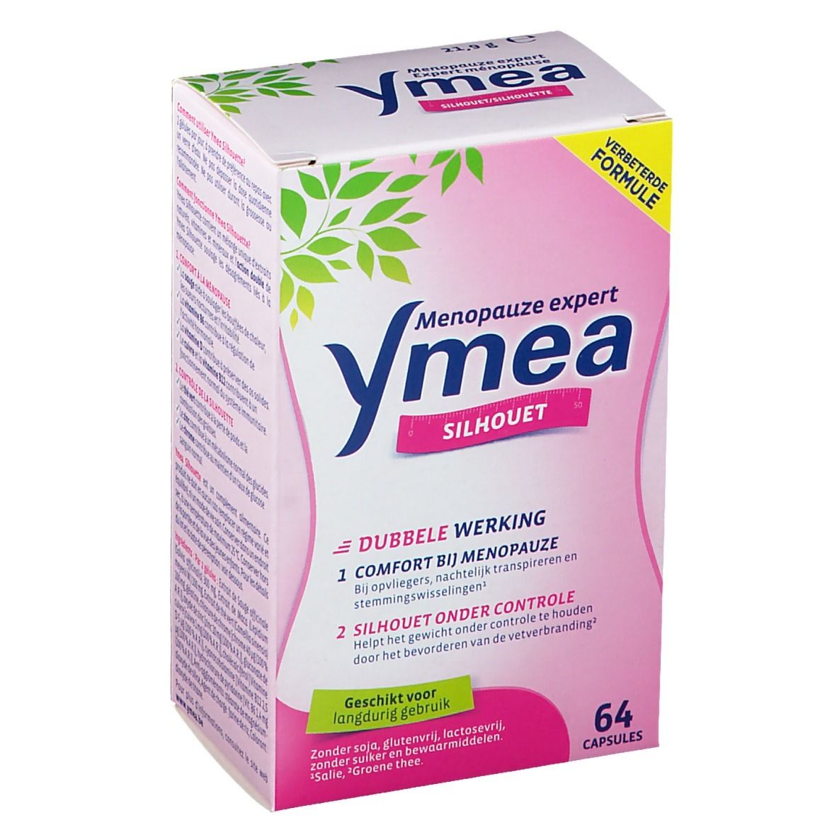 Ymea Silhouette verpakking. Roze en wit, productnaam en 64 capsules. Dubbele werking voor menopauze en figuur.