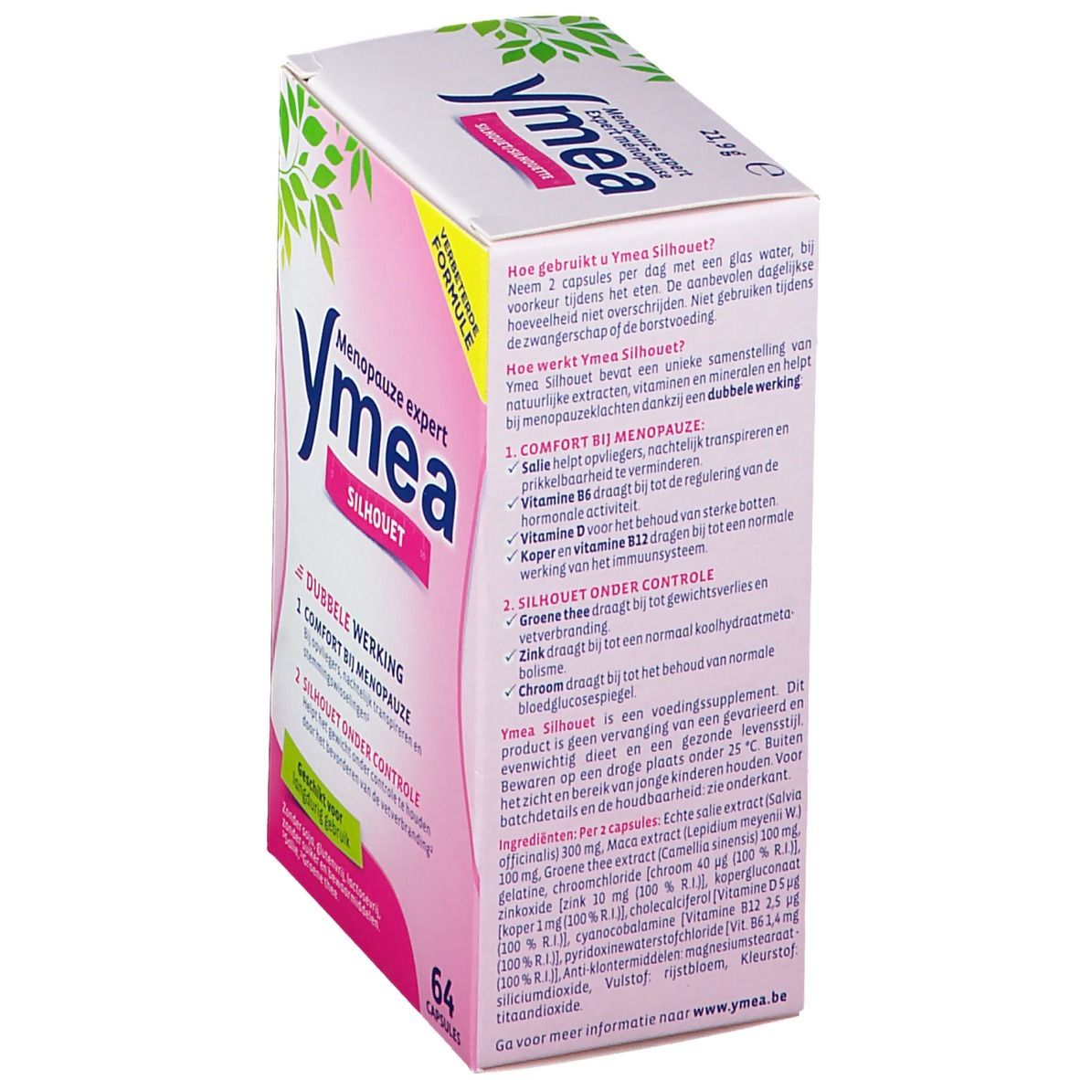 Zijaanzicht Ymea Silhouette verpakking. Bevat informatie over ingrediënten en gebruik. 64 capsules.