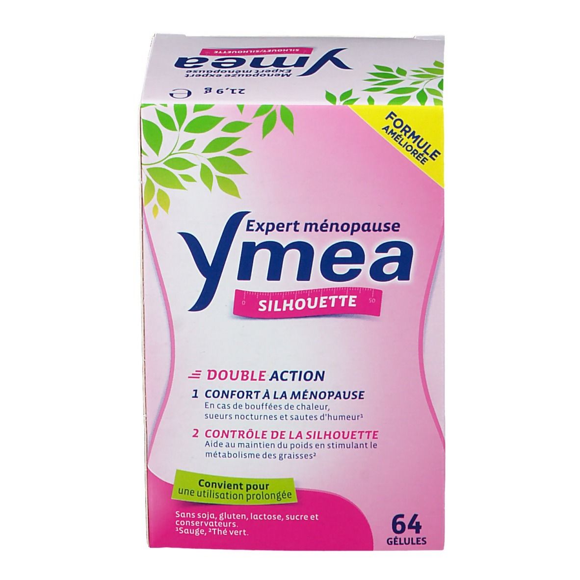 Ymea Silhouette verpakking. Roze en wit, productnaam en 64 capsules. Dubbele werking voor menopauze en figuur.