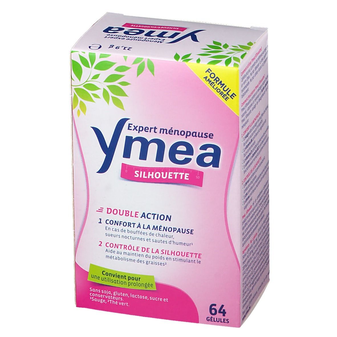 Ymea Silhouette verpakking. Roze en wit, productnaam en 64 capsules. Dubbele werking voor menopauze en figuur.