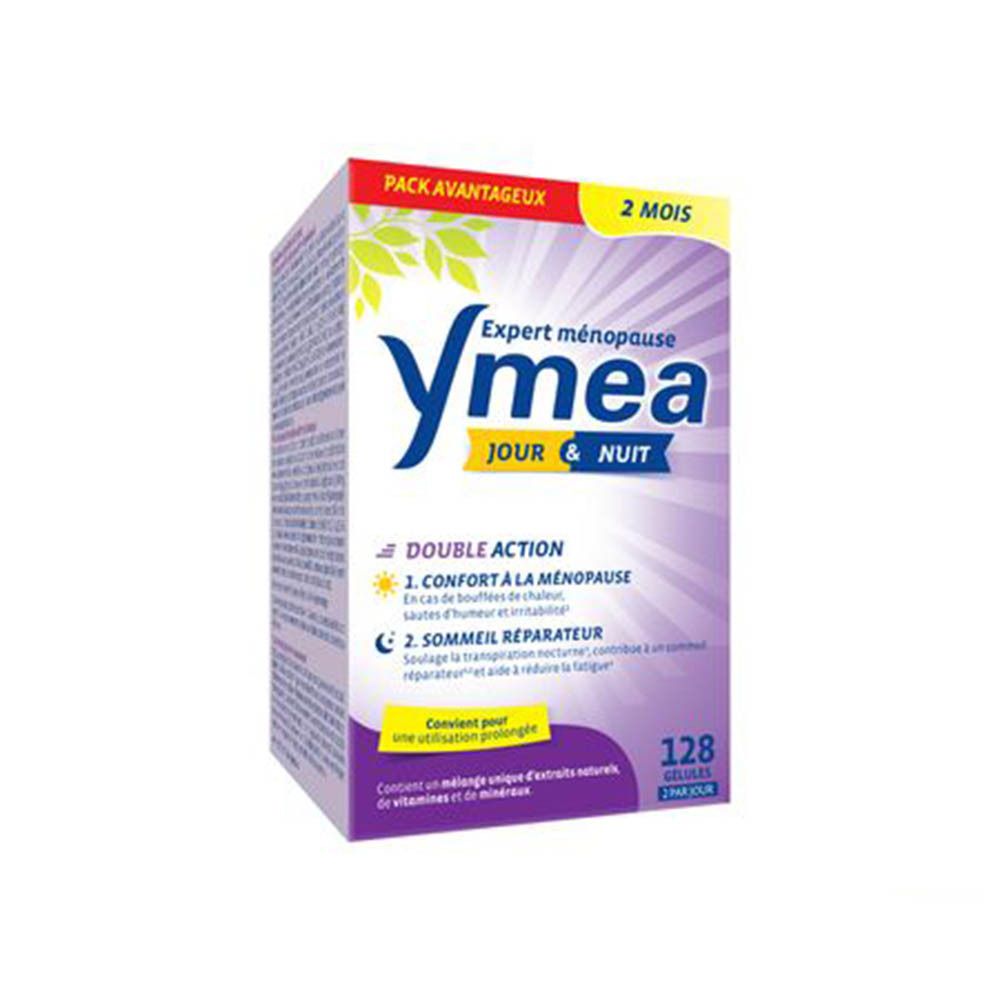 Ymea Jour & Nuit, boîte. 128 gélules. Double action. Expert ménopause. Informations produit sur l'emballage.