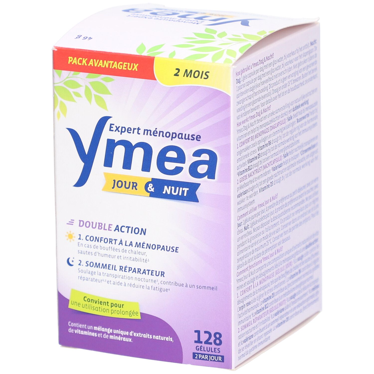 Ymea Jour & Nuit, boîte. 128 gélules. Double action. Expert ménopause. Informations produit sur l'emballage.