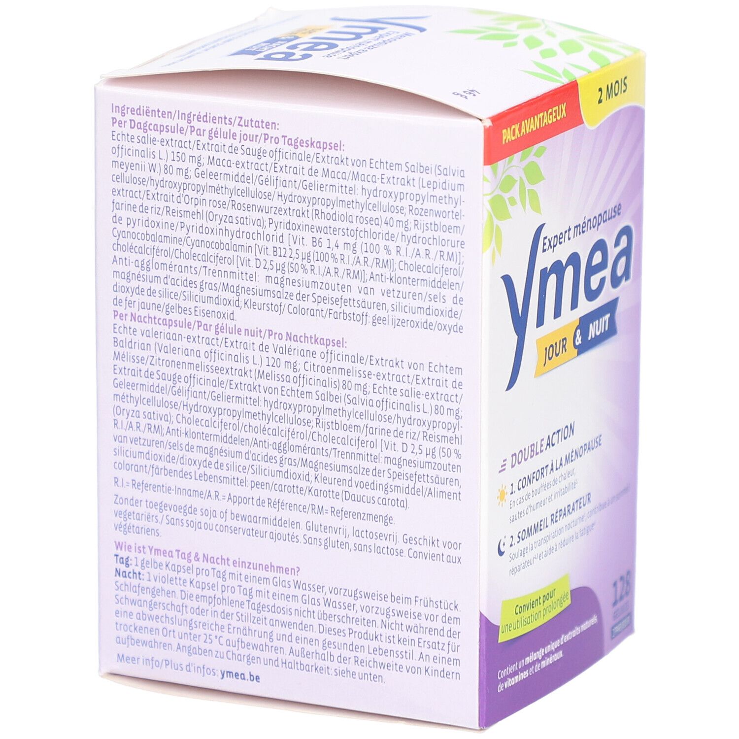 Ymea Jour & Nuit, dos de la boîte. Ingrédients et informations produit. 128 gélules.