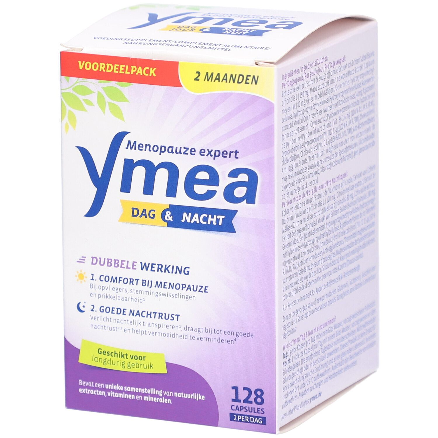 Ymea Jour & Nuit, boîte. 128 gélules. Double action. Expert ménopause. Informations produit sur l'emballage.