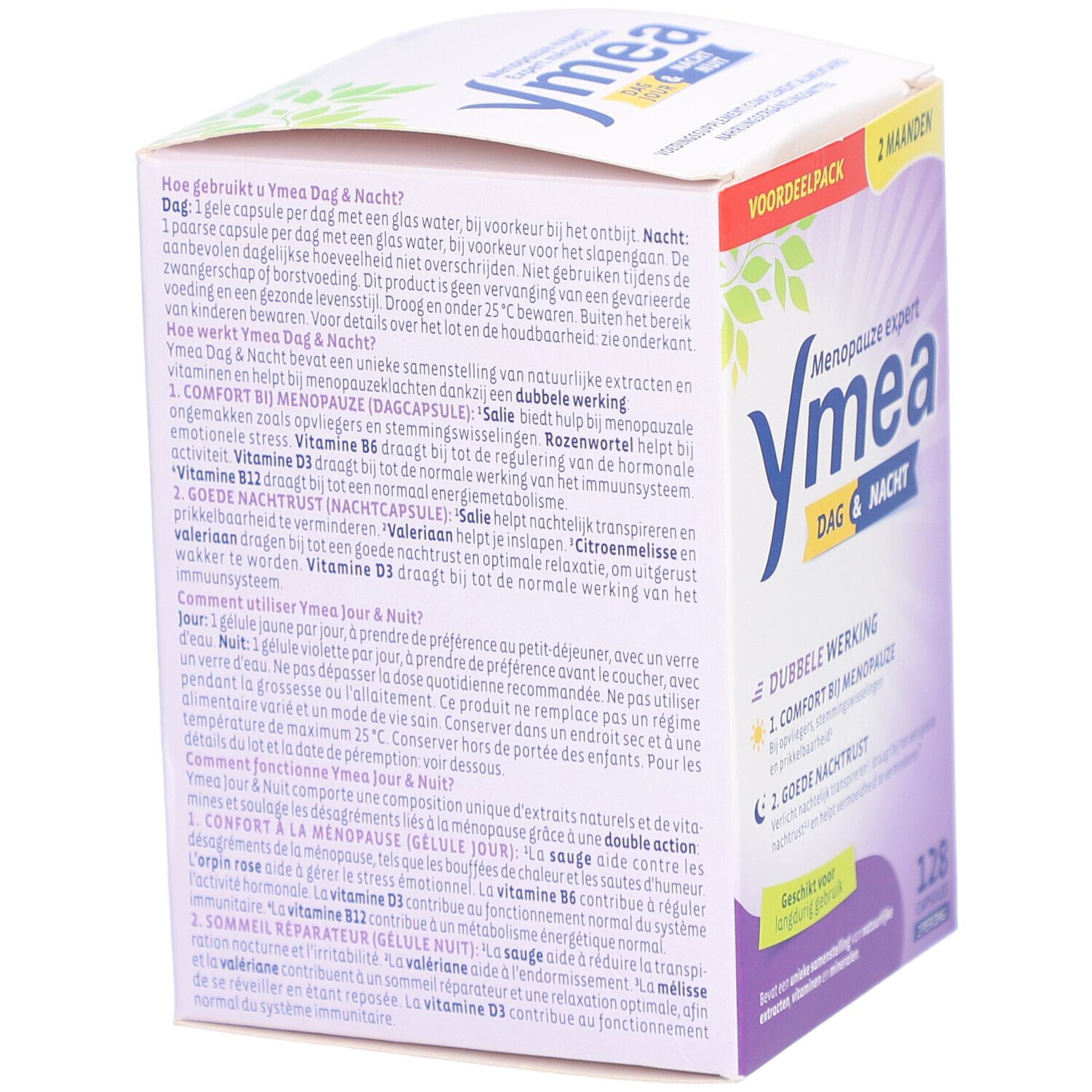 Ymea Jour & Nuit, dos de la boîte. Ingrédients et informations produit. 128 gélules.