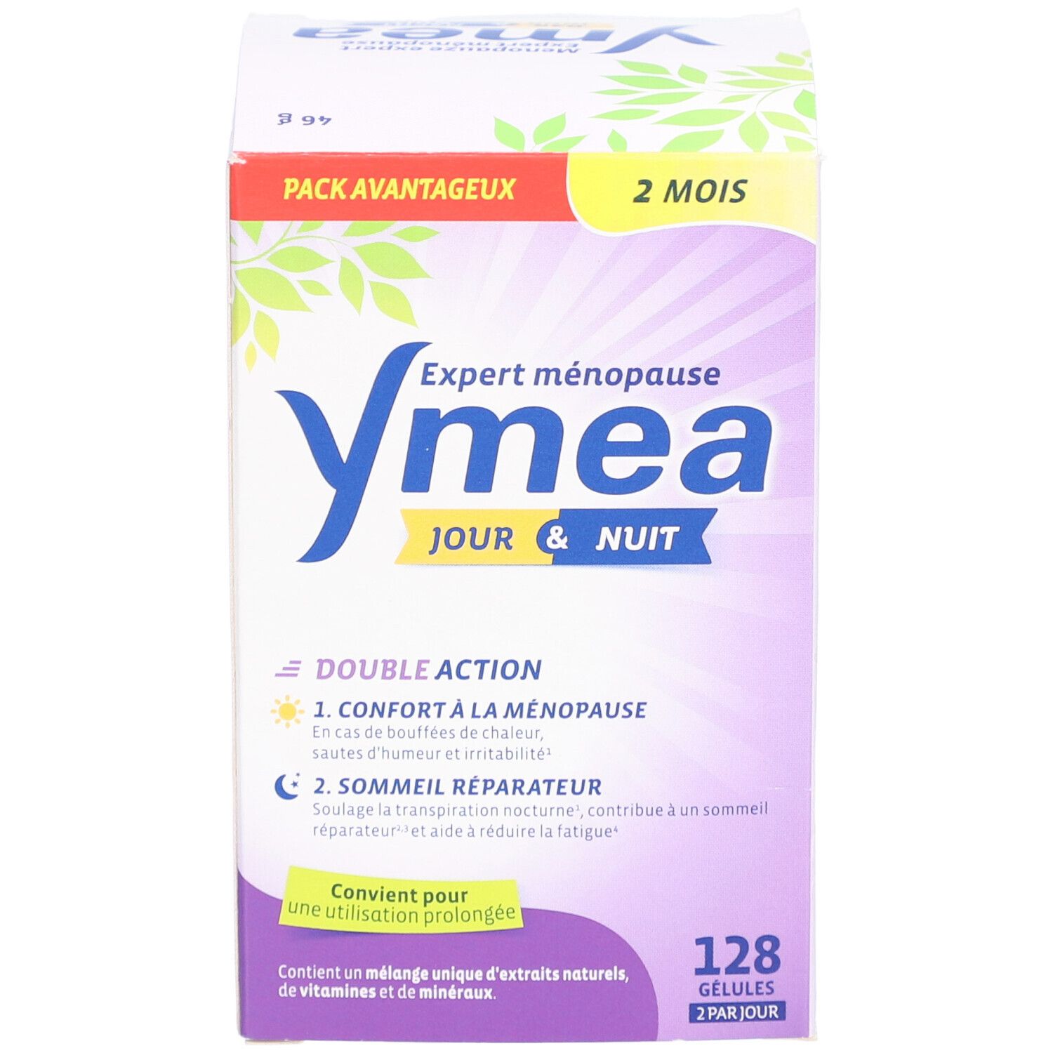 Ymea Jour & Nuit, boîte. 128 gélules. Double action. Expert ménopause. Informations produit sur l'emballage.