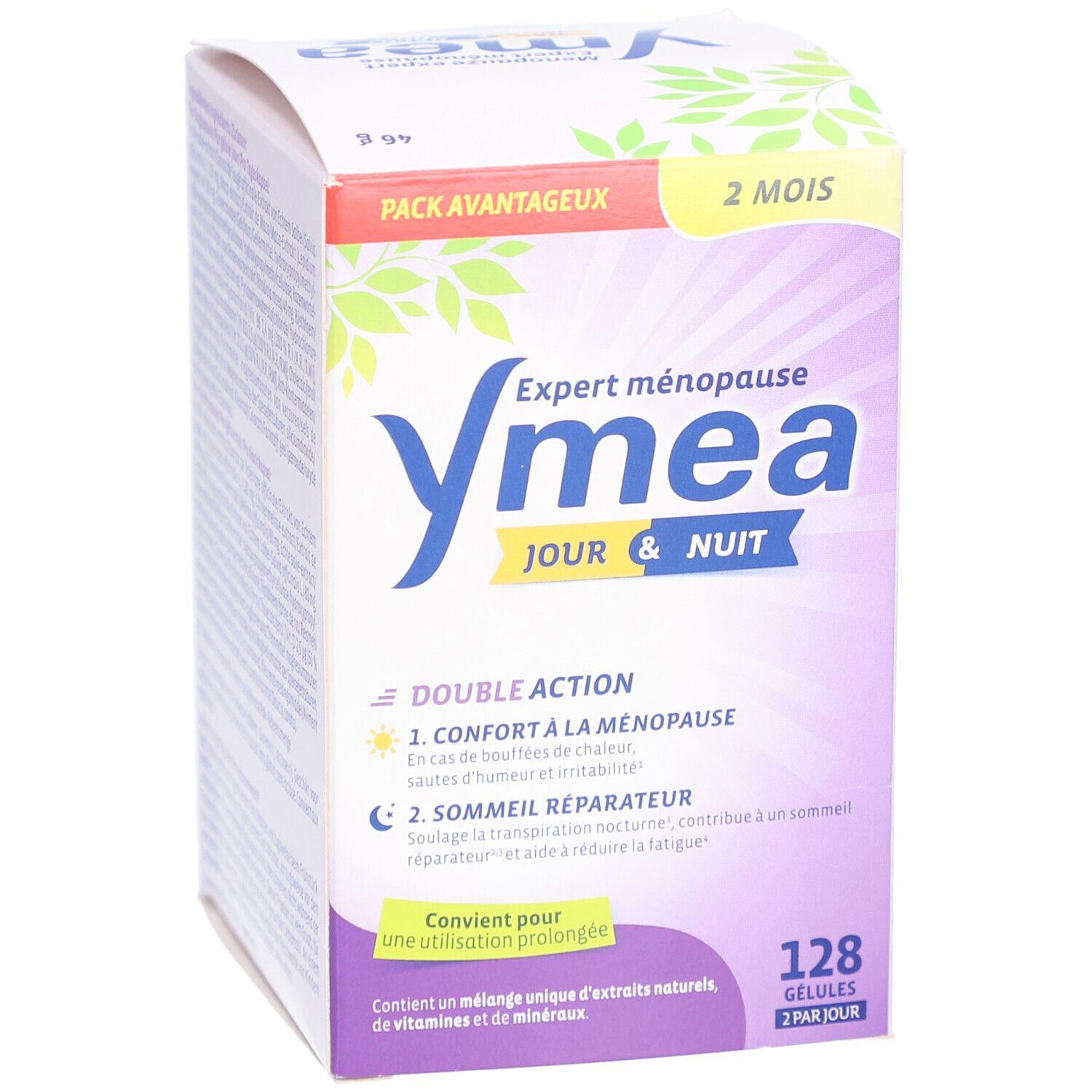 Ymea Jour & Nuit, boîte. 128 gélules. Double action. Expert ménopause. Informations produit sur l'emballage.