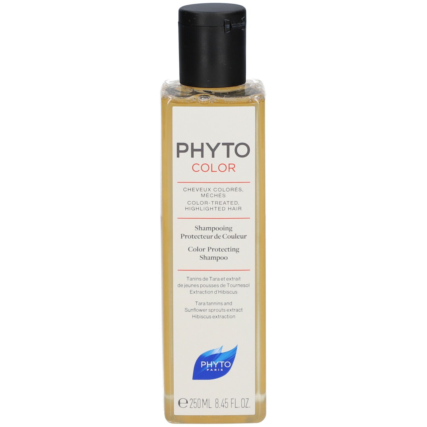 Fles PHYTO COLOR shampoo voor gekleurd haar. Met zonnebloem- en hibiscusextract.
