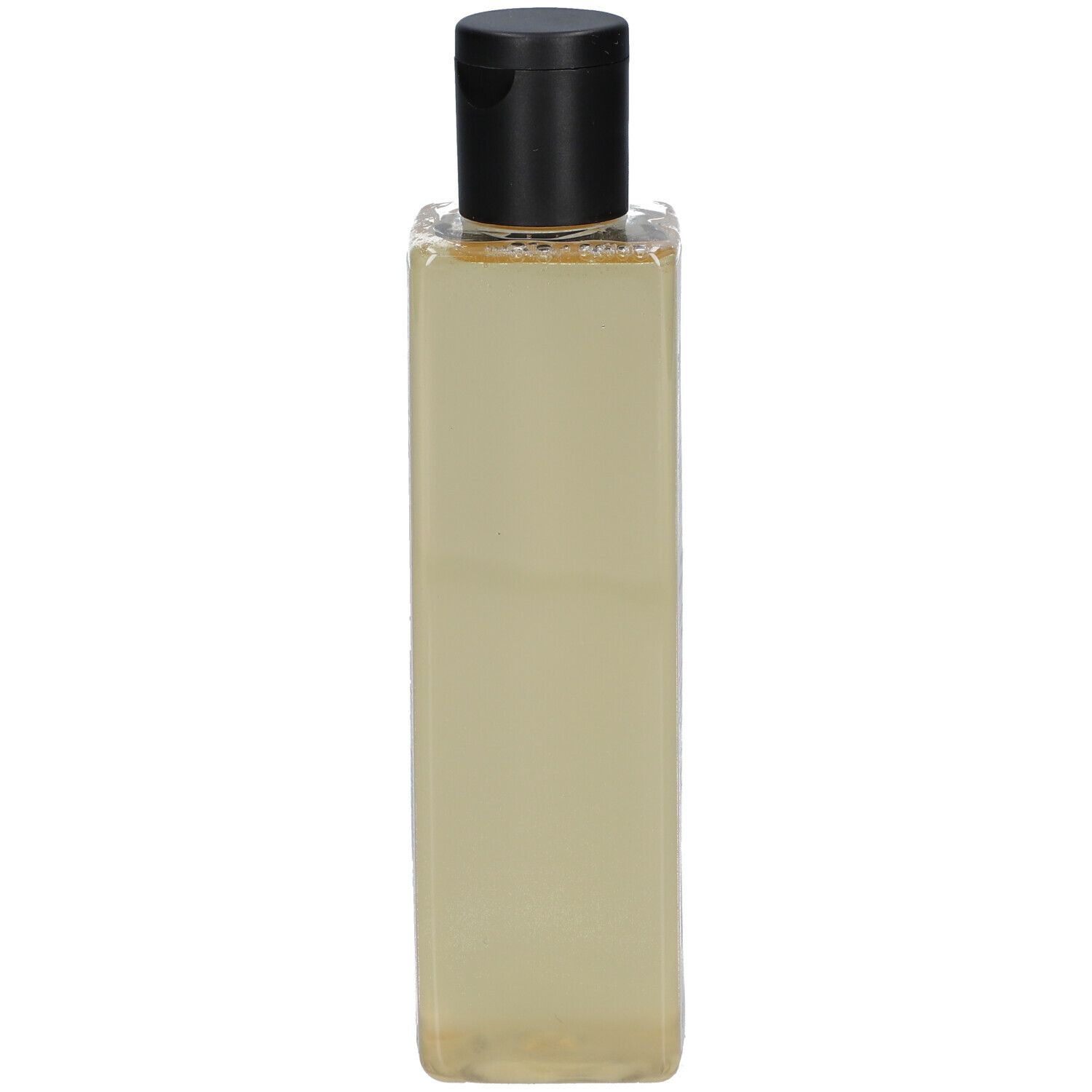 Transparante, rechthoekige fles met zwarte dop. Bevat een gelige vloeistof.