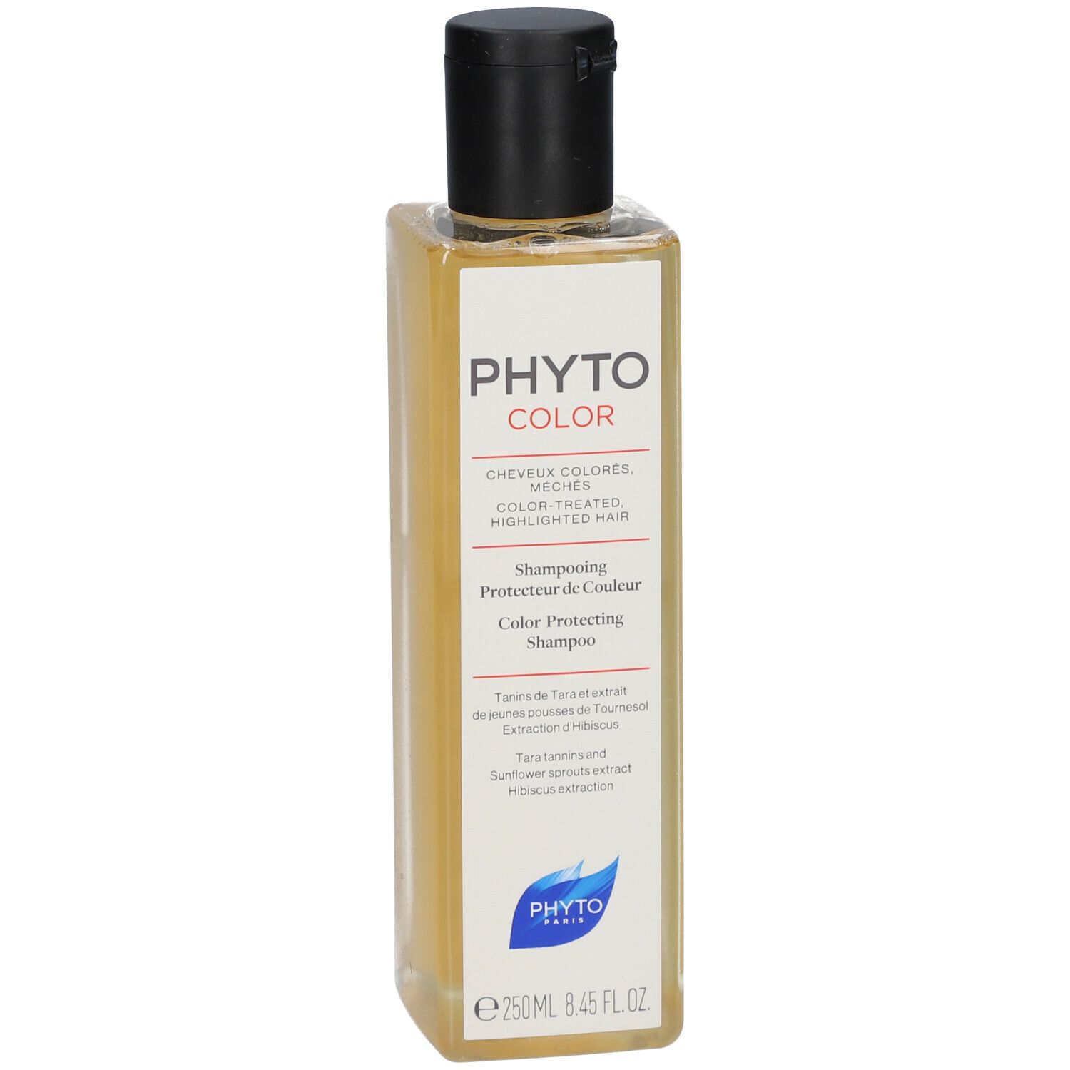 Fles PHYTO COLOR shampoo voor gekleurd haar. Met zonnebloem- en hibiscusextract.