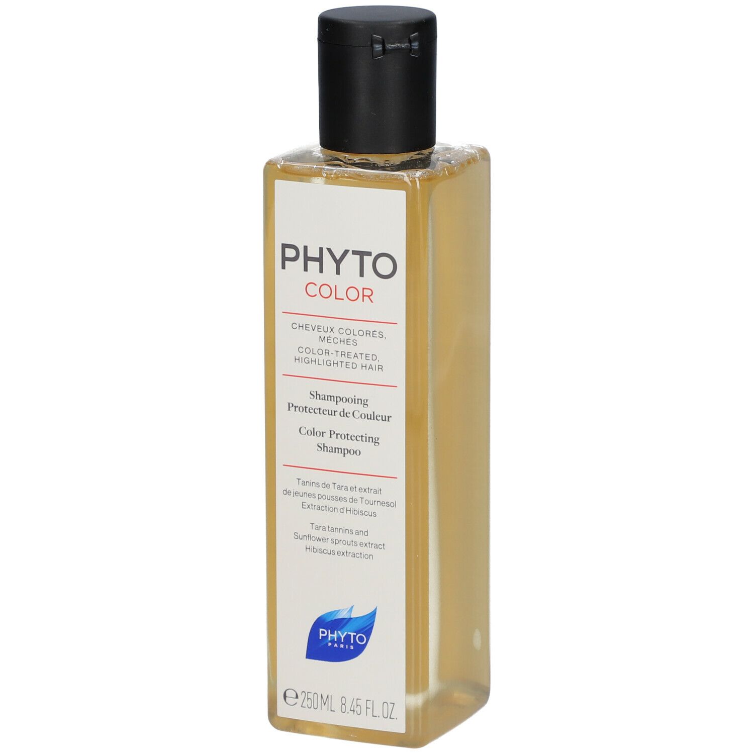 Fles PHYTO COLOR shampoo voor gekleurd haar. Met zonnebloem- en hibiscusextract.