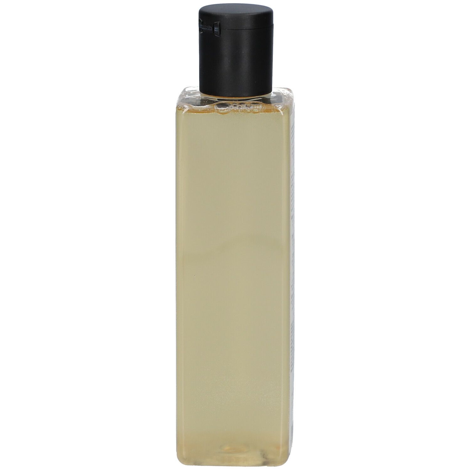 Transparante, rechthoekige fles met zwarte dop. Bevat een gelige vloeistof.