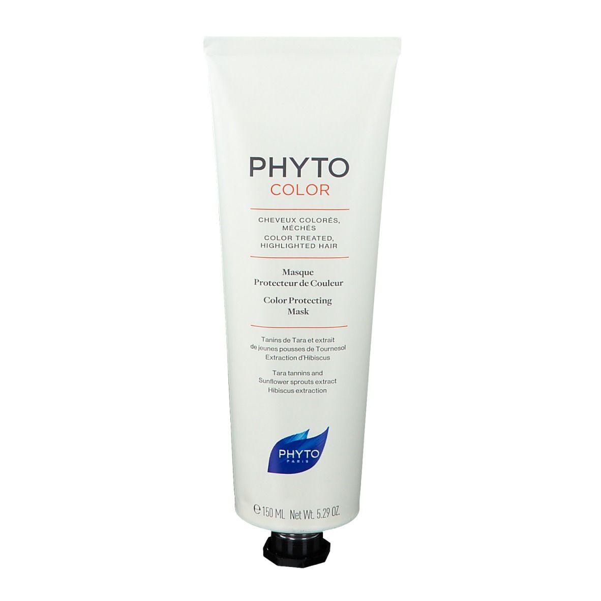 Witte tube met zwarte dop. Opschrift PHYTO COLOR, Masque Protecteur de Couleur. 150 ml.