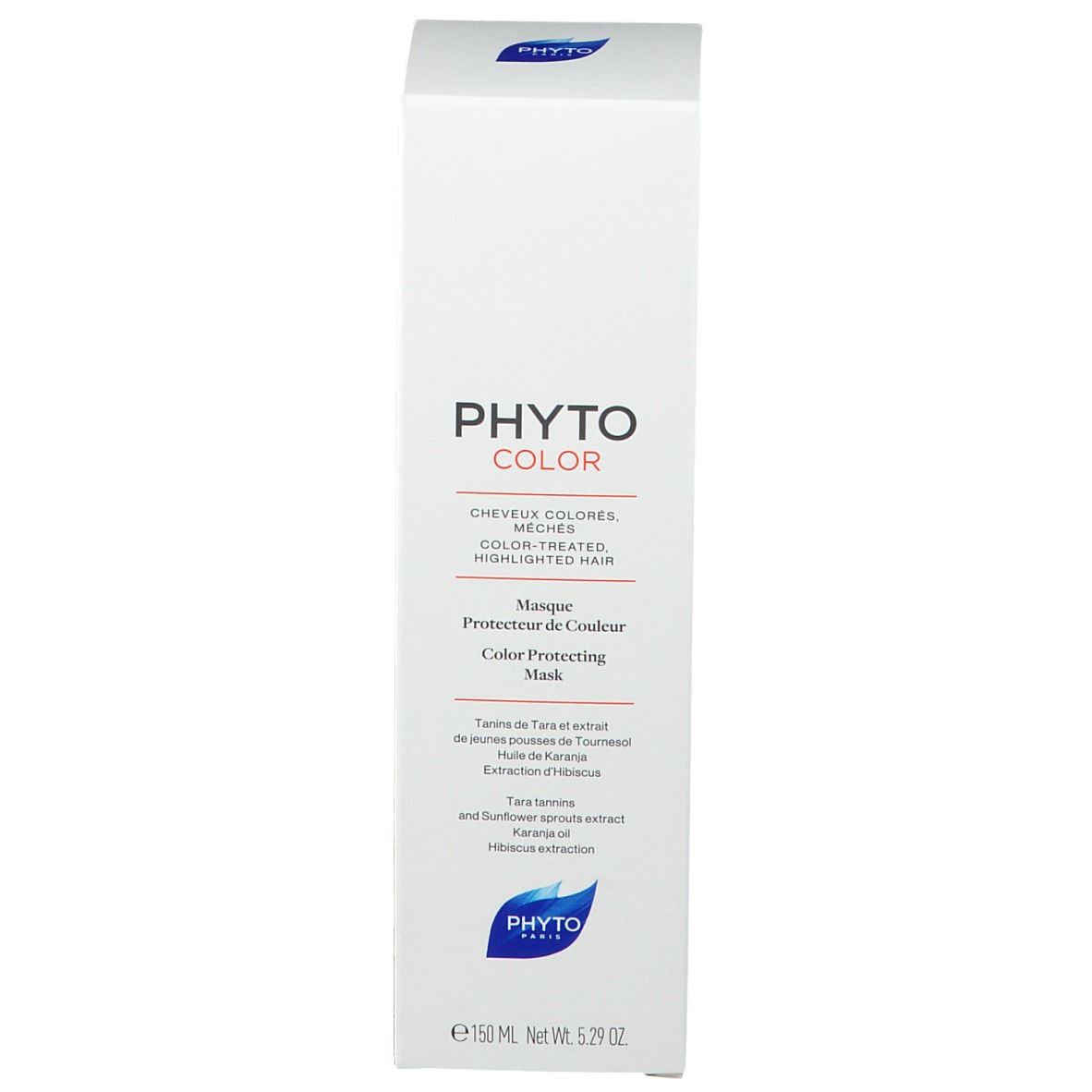 Witte kartonnen verpakking. Opschrift PHYTO COLOR, Masque Protecteur de Couleur. Logo PHYTO PARIS.