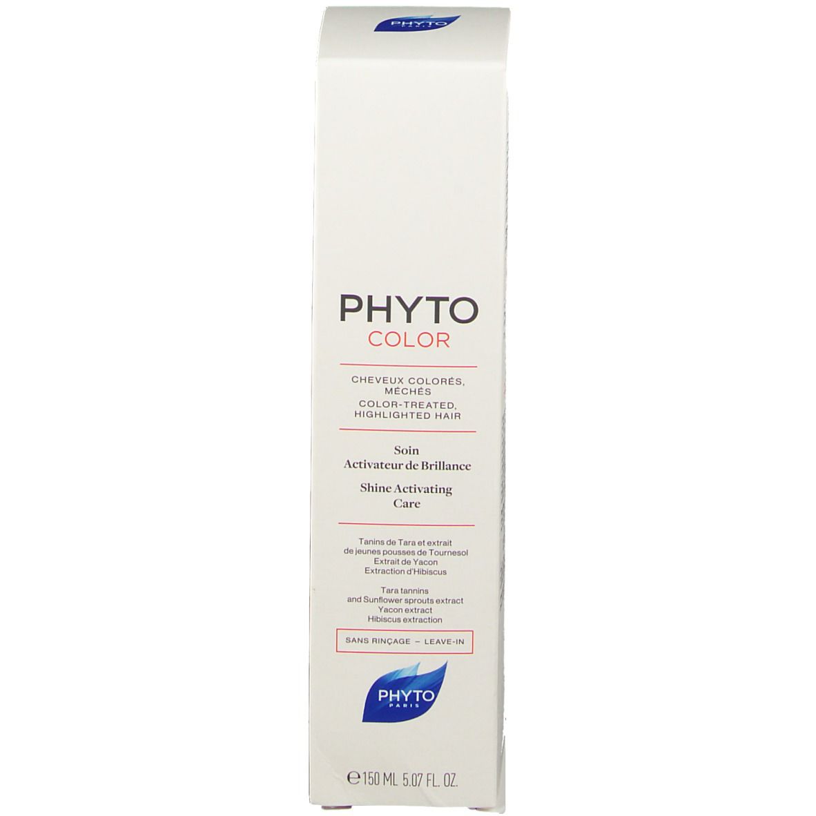 Verpakking van de kleurglansverzorging. Wit, Tekst: PHYTO COLOR, Shine Activating Care. Bevat ingrediënten en instructies.