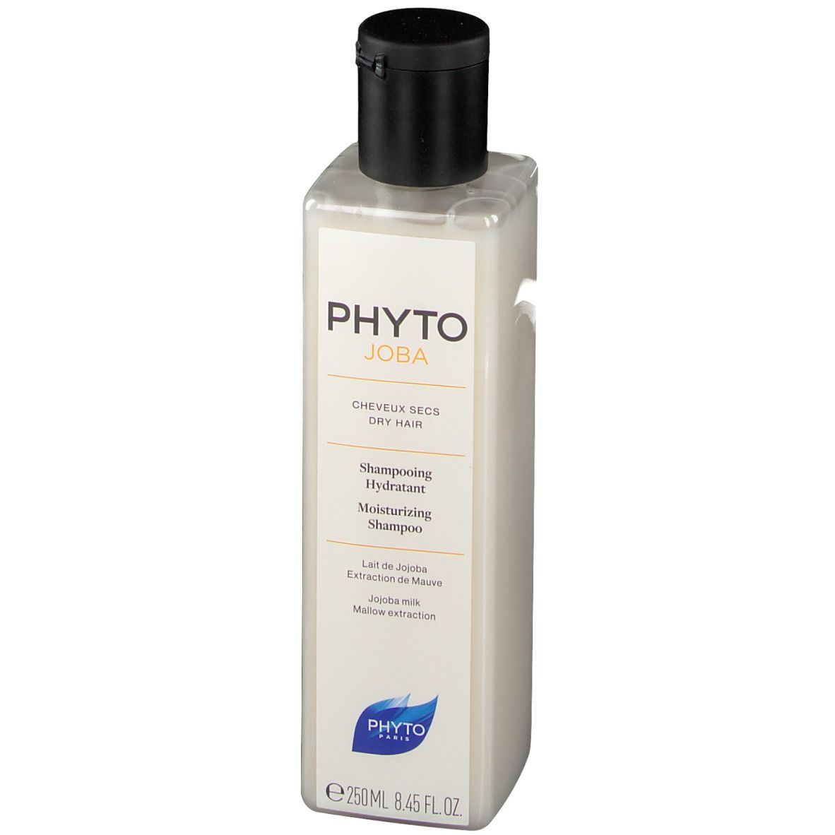 Rechteckige Flasche mit schwarzem Deckel. Aufschrift PHYTOJOBA, Shampoo für trockenes Haar. Logo und Volumenangabe.