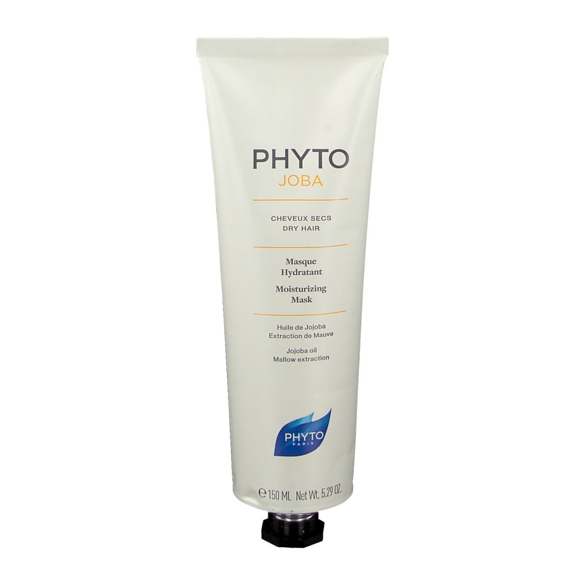 Tube blanc crème, bouchon noir. Inscription: PHYTOJOBA, Masque Hydratant, 150 ml.
