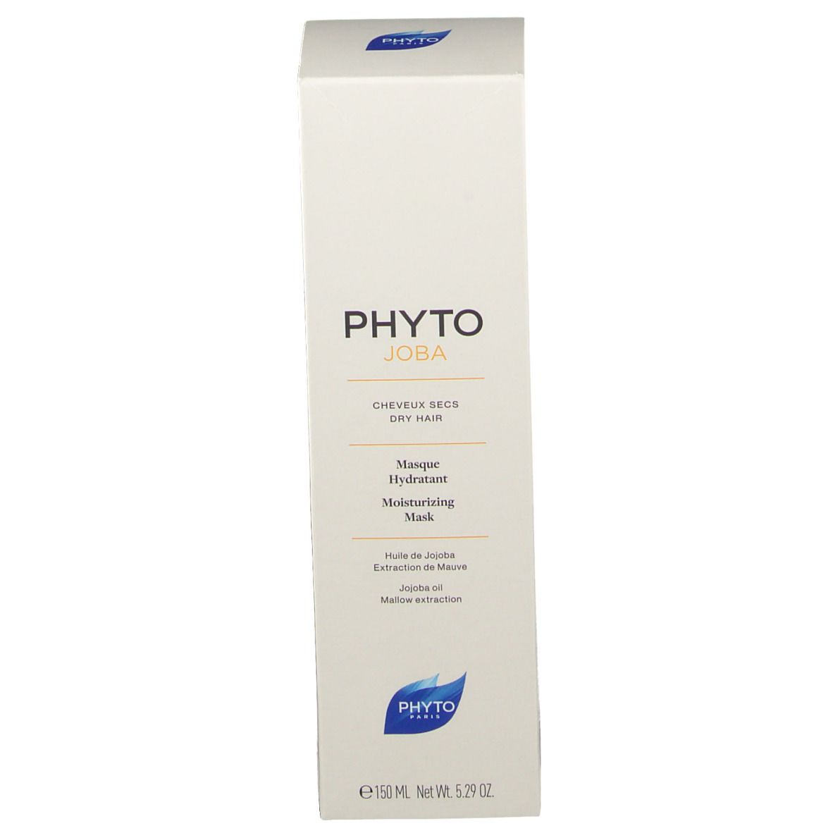Emballage blanc. Inscription: PHYTOJOBA, Masque Hydratant, 150 ml. Logo et informations produit.