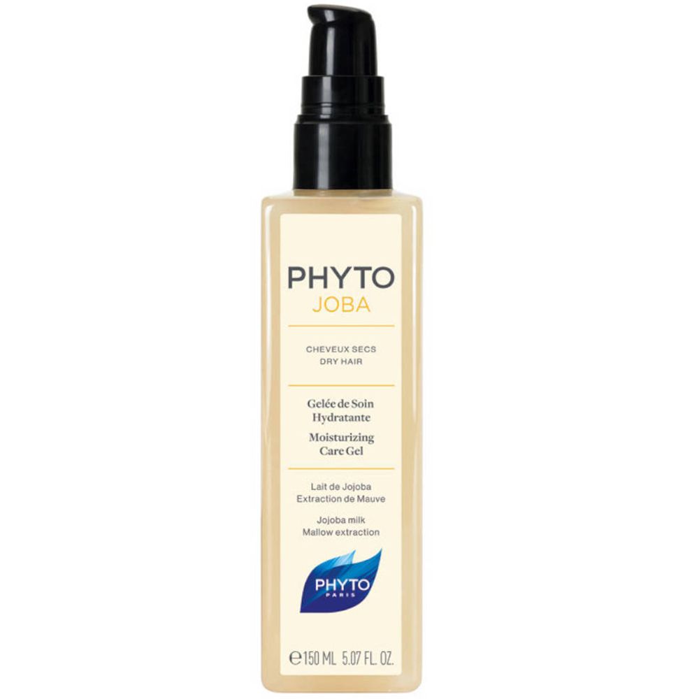 PHYTOJOBA Pflege-Gel. Beige Flasche mit schwarzem Pumpkopf. Produktbezeichnung und Inhaltsstoffe auf dem Etikett.