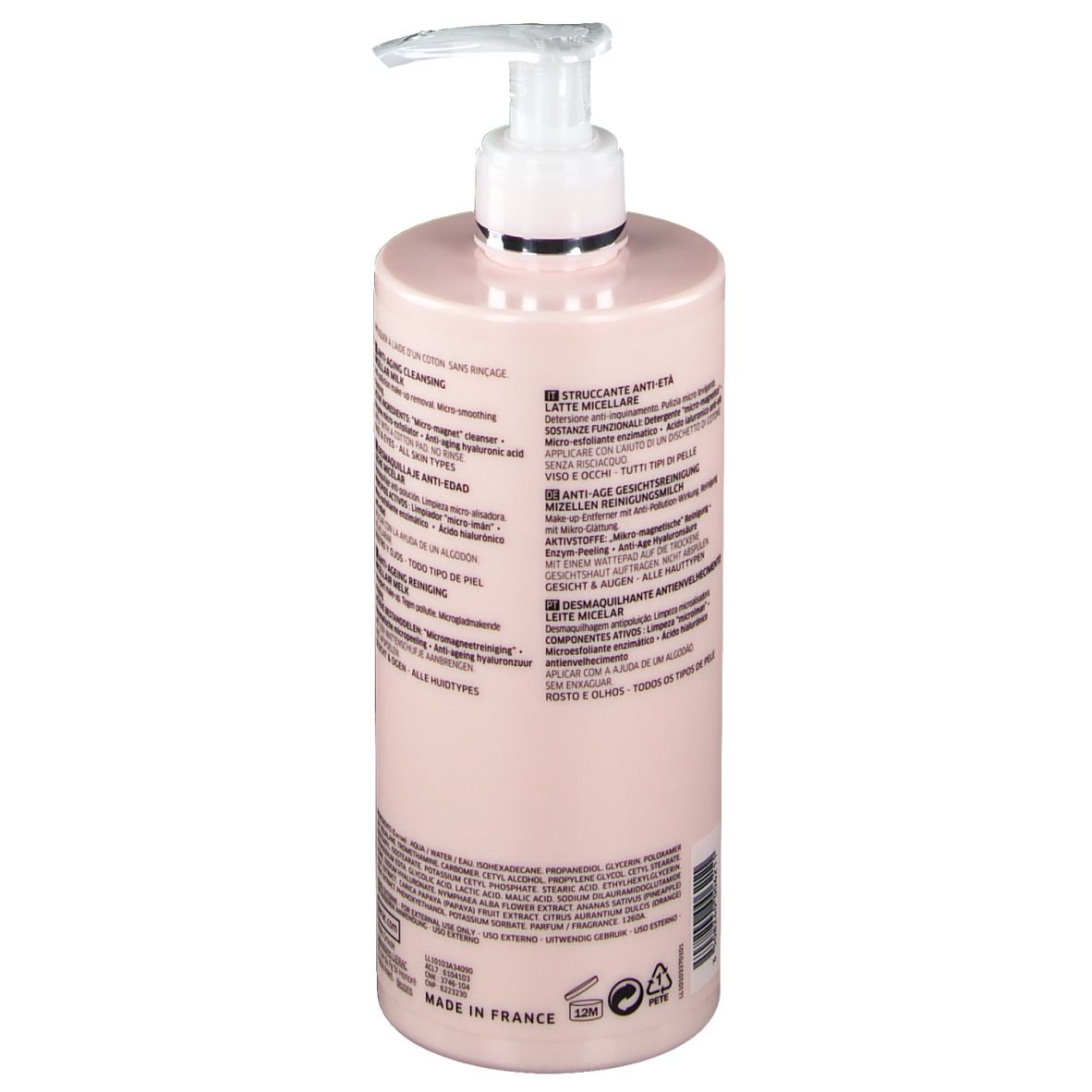 Flacon rose avec pompe blanche. Texte au dos. LIERAC, Lait Micellaire, 400 ml.