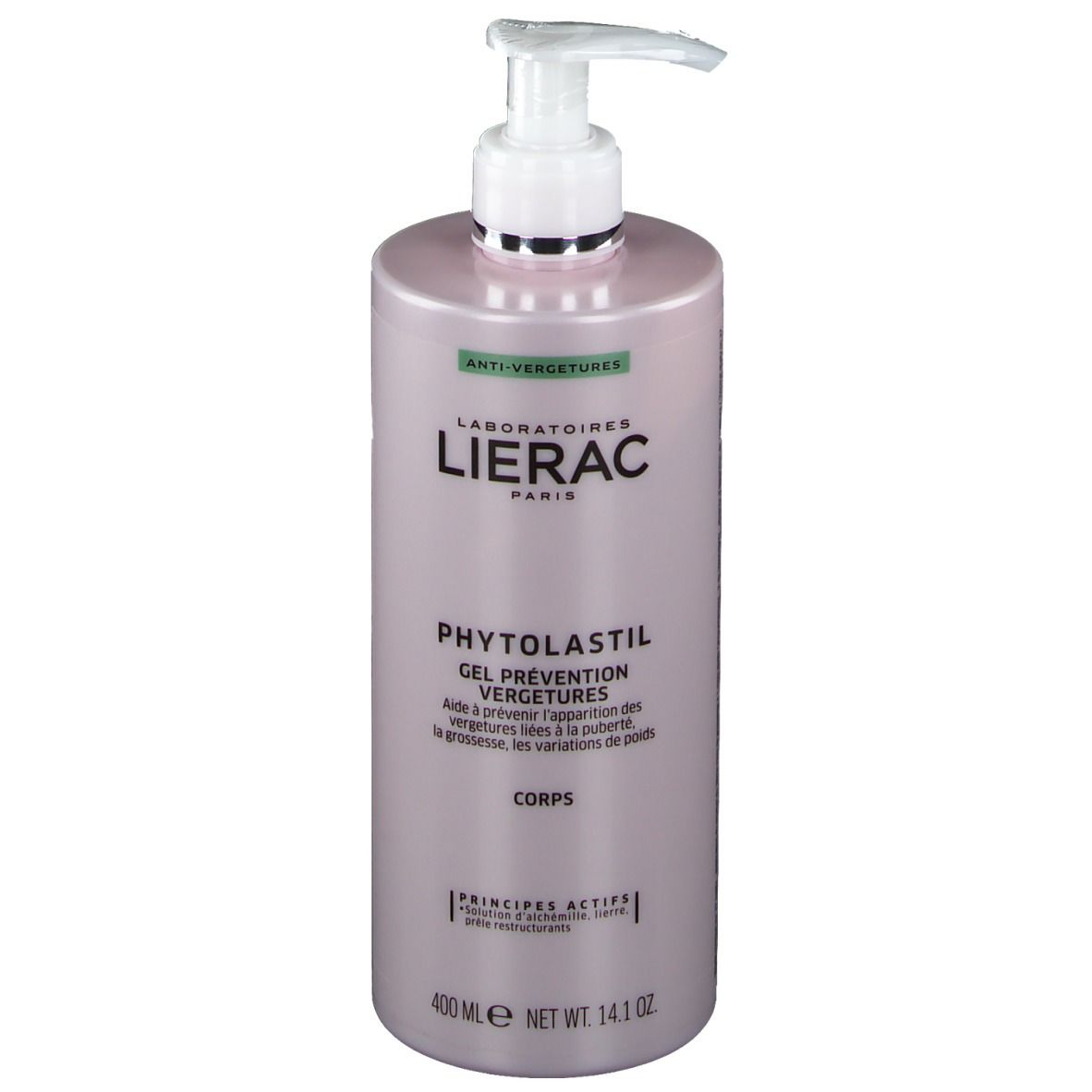 Roze fles met pomp. Lierac Phytolastil Gel. Tekst: Anti-Vergetures, Gel Prévention Vergetures, Corps. 400 ml.