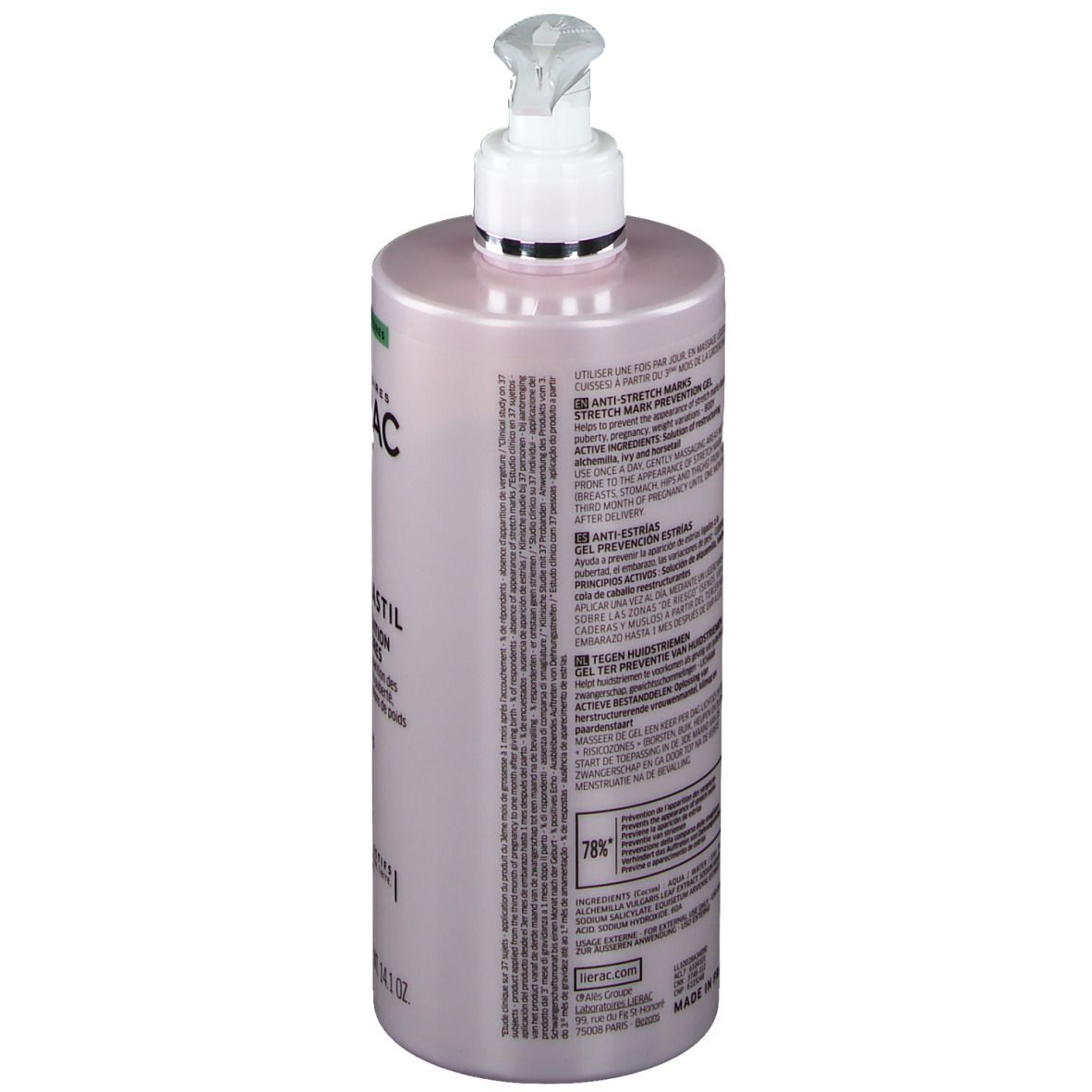 Roze fles met pomp. Lierac Phytolastil Gel. Tekst op de zijkant. 78% ingrediënten van natuurlijke oorsprong. 400 ml.
