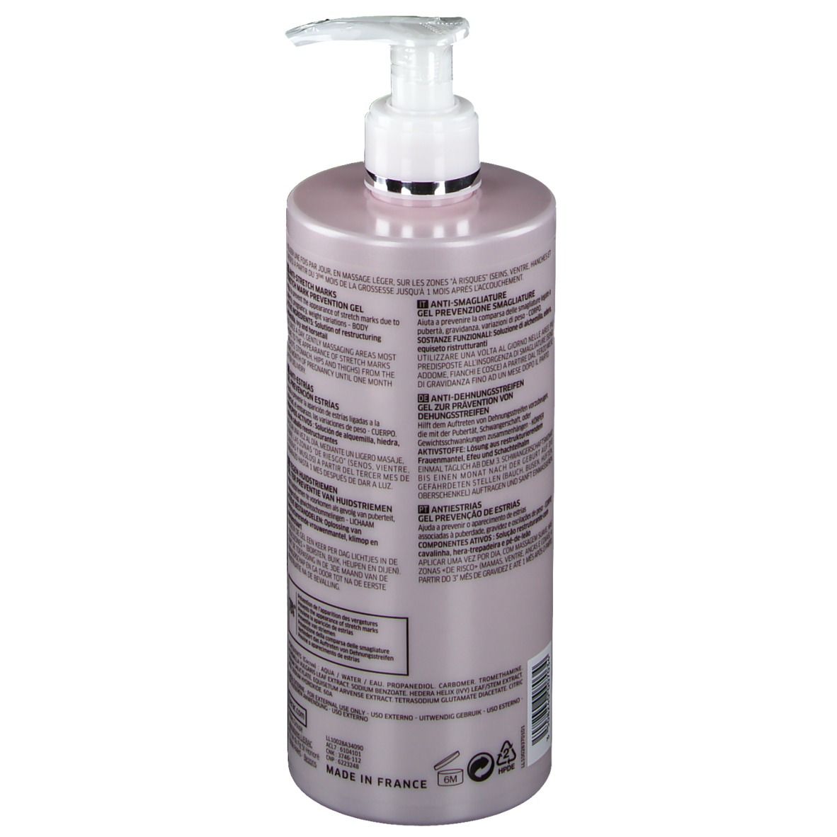 Roze fles met pomp. Lierac Phytolastil Gel. Tekst op de zijkant. Gemaakt in Frankrijk. 400 ml.