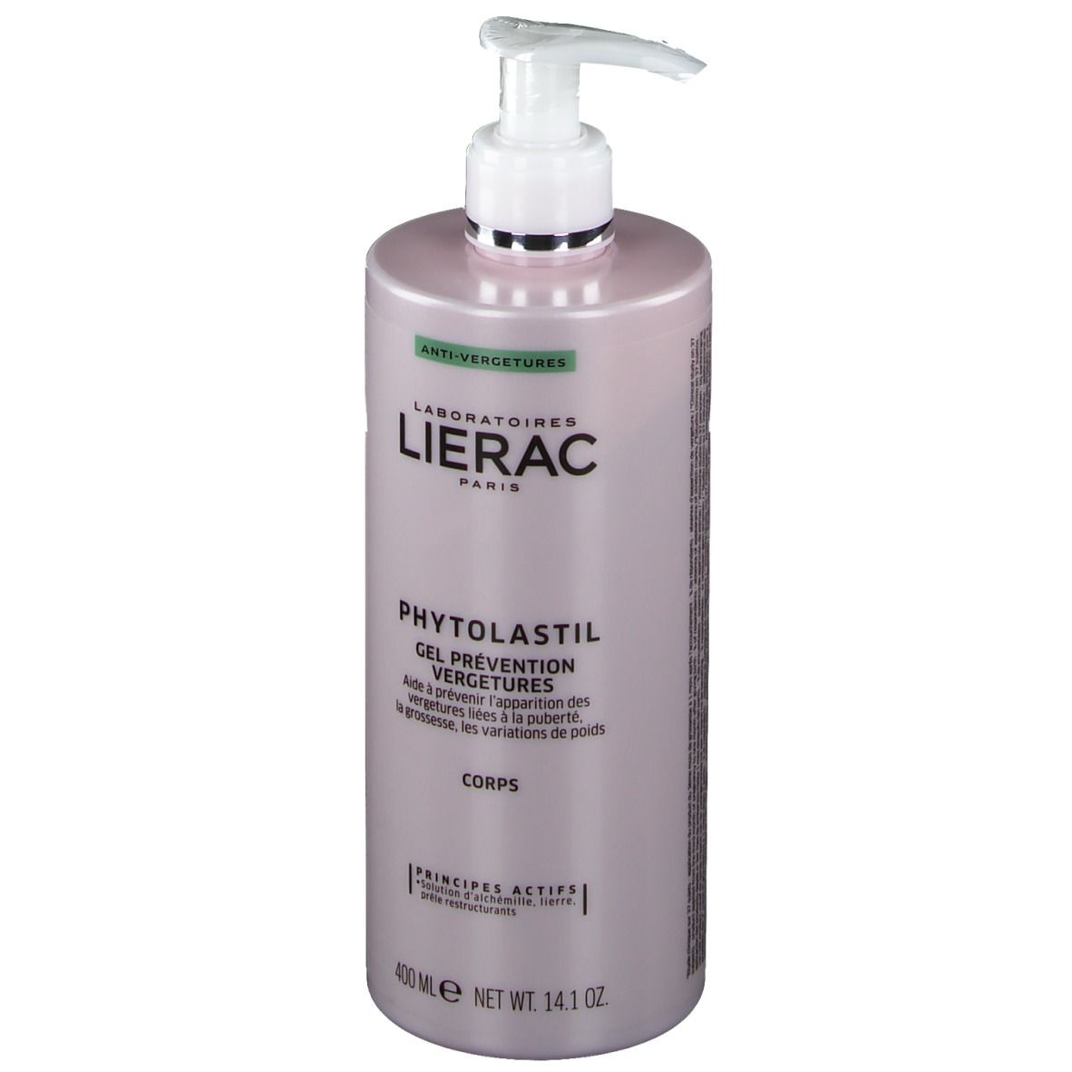 Roze fles met pomp. Lierac Phytolastil Gel. Tekst: Anti-Vergetures, Gel Prévention Vergetures, Corps. 400 ml.