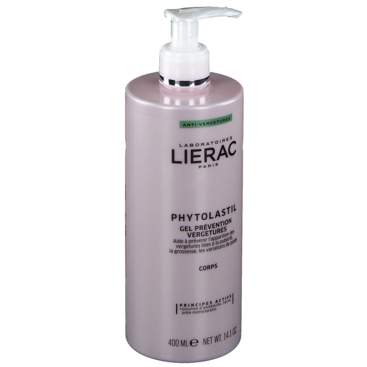 Roze fles met pomp. Lierac Phytolastil Gel. Tekst: Anti-Vergetures, Gel Prévention Vergetures, Corps. 400 ml.