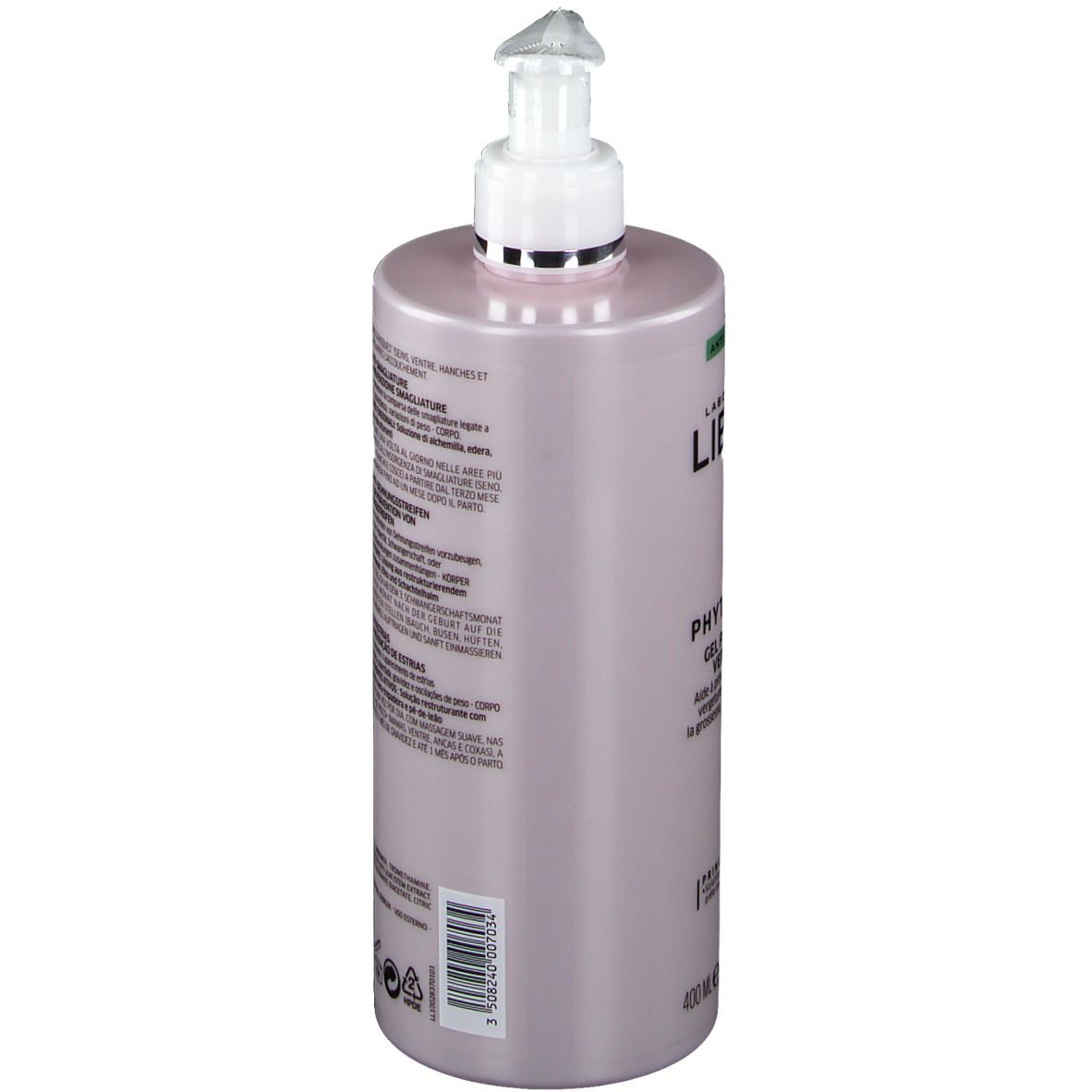 Roze fles met pomp. Lierac Phytolastil Gel. Tekst op de zijkant. 400 ml. Streepjescode.