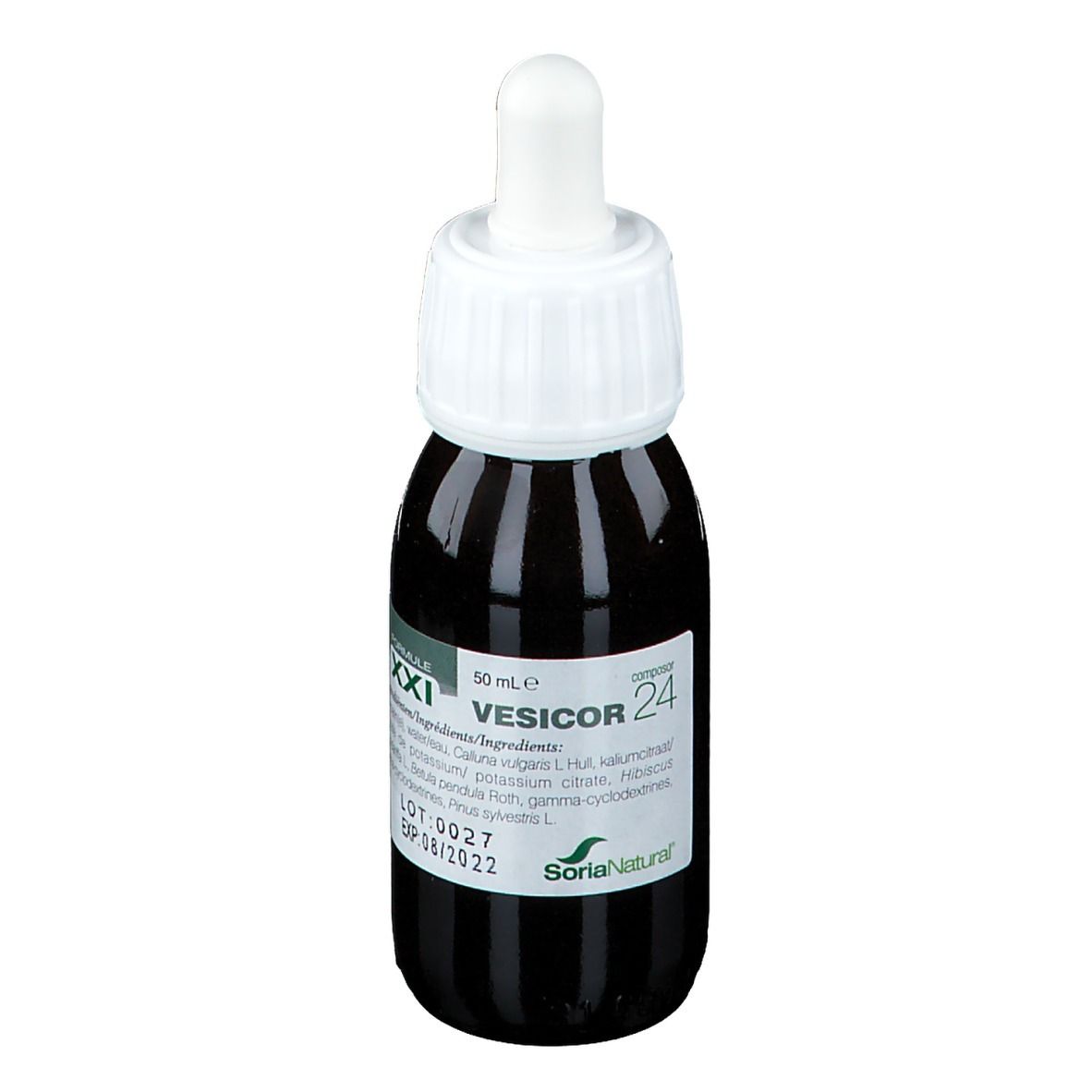 Flacon en verre brun avec bouchon blanc et pipette. Étiquette avec nom du produit VESICOR 24 et ingrédients. Logo Soria Natural.