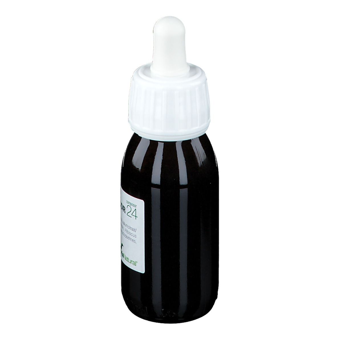 Flacon en verre brun avec bouchon blanc et pipette. Étiquette avec nom du produit VESICOR 24 et ingrédients. Logo Soria Natural.