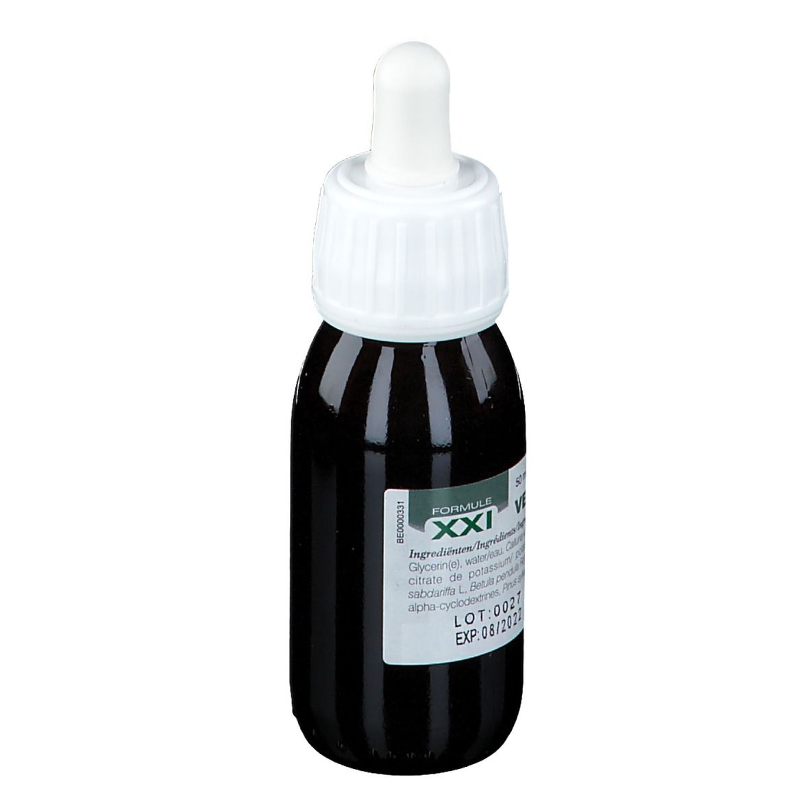 Flacon en verre brun avec bouchon blanc et pipette. Étiquette avec nom du produit VESICOR 24 et ingrédients. Logo Soria Natural.