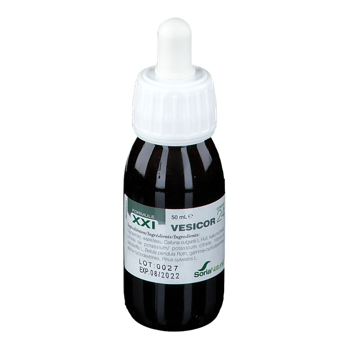 Flacon en verre brun avec bouchon blanc et pipette. Étiquette avec nom du produit VESICOR 24 et ingrédients. Logo Soria Natural.