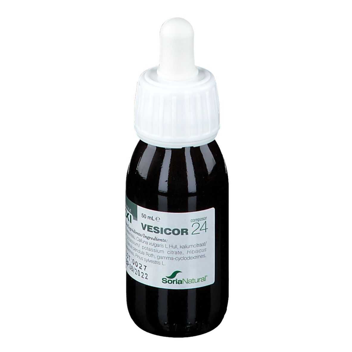 Flacon en verre brun avec bouchon blanc et pipette. Étiquette avec nom du produit VESICOR 24 et ingrédients. Logo Soria Natural.
