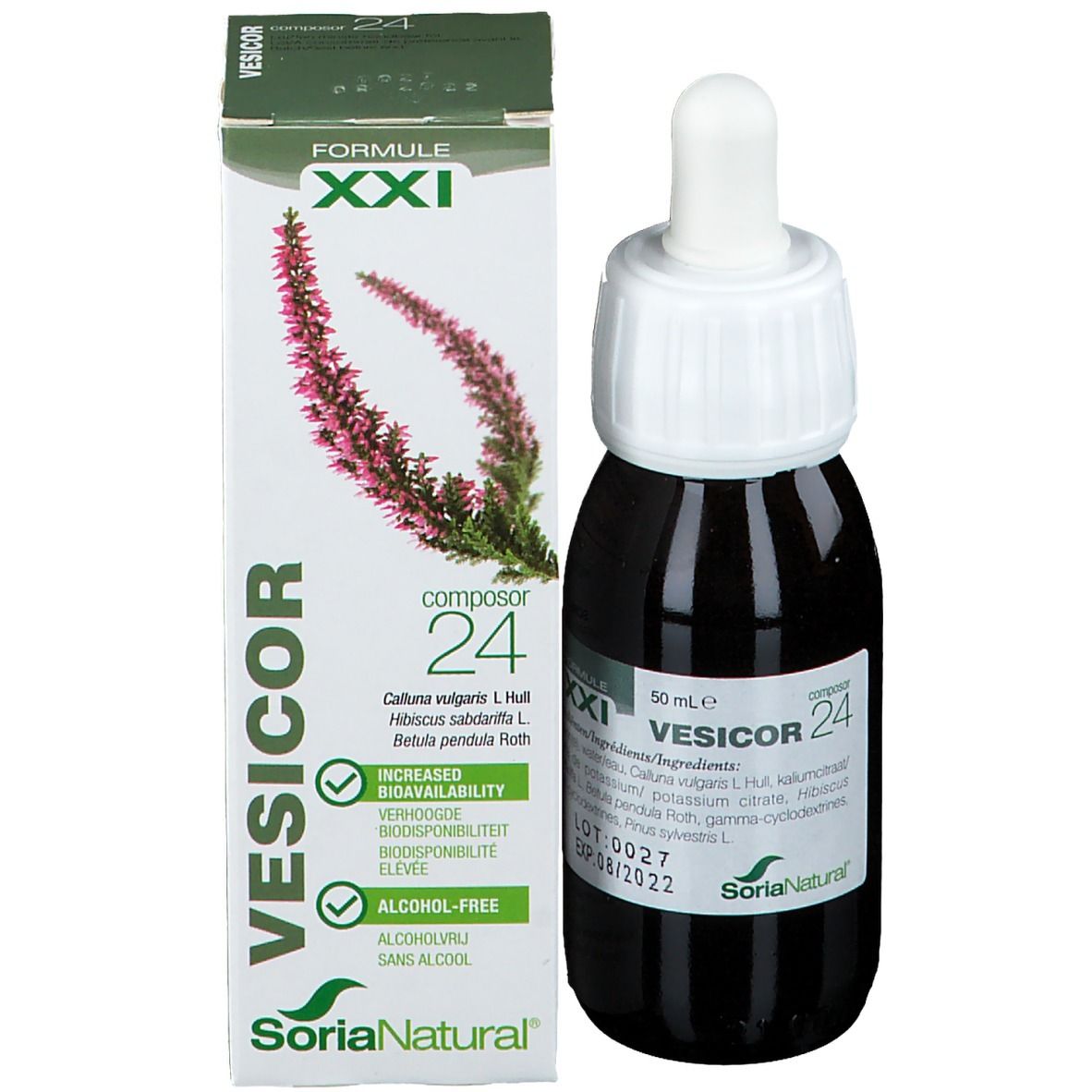 Flacon brun avec bouchon blanc et pipette, à côté d'un emballage. Nom du produit VESICOR 24. Logo Soria Natural. Emballage avec motif floral.