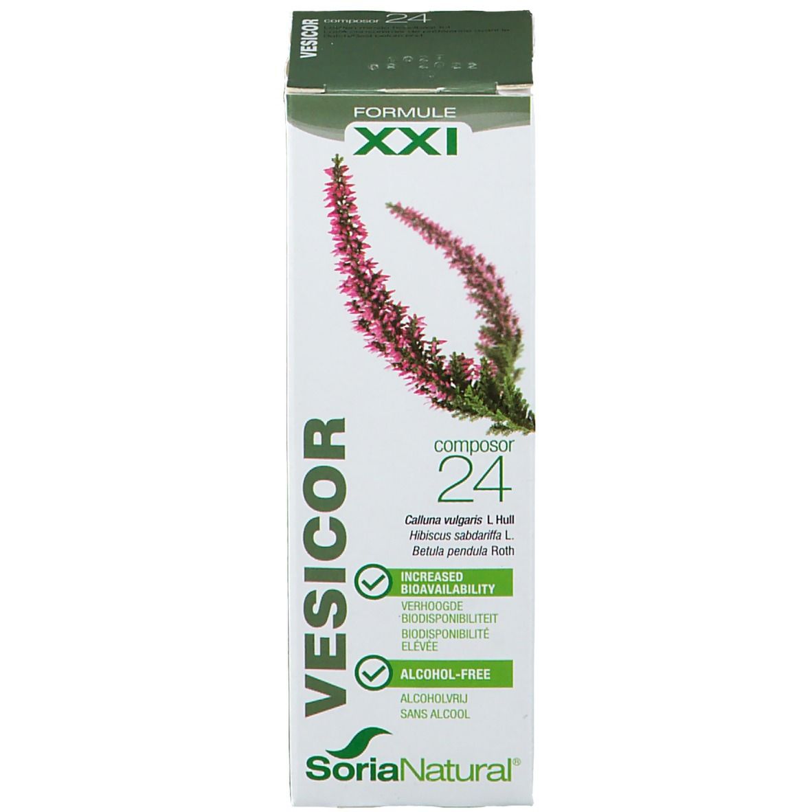 Emballage avec motif floral. Nom du produit VESICOR 24. Logo Soria Natural. Texte: Sans alcool, biodisponibilité accrue.