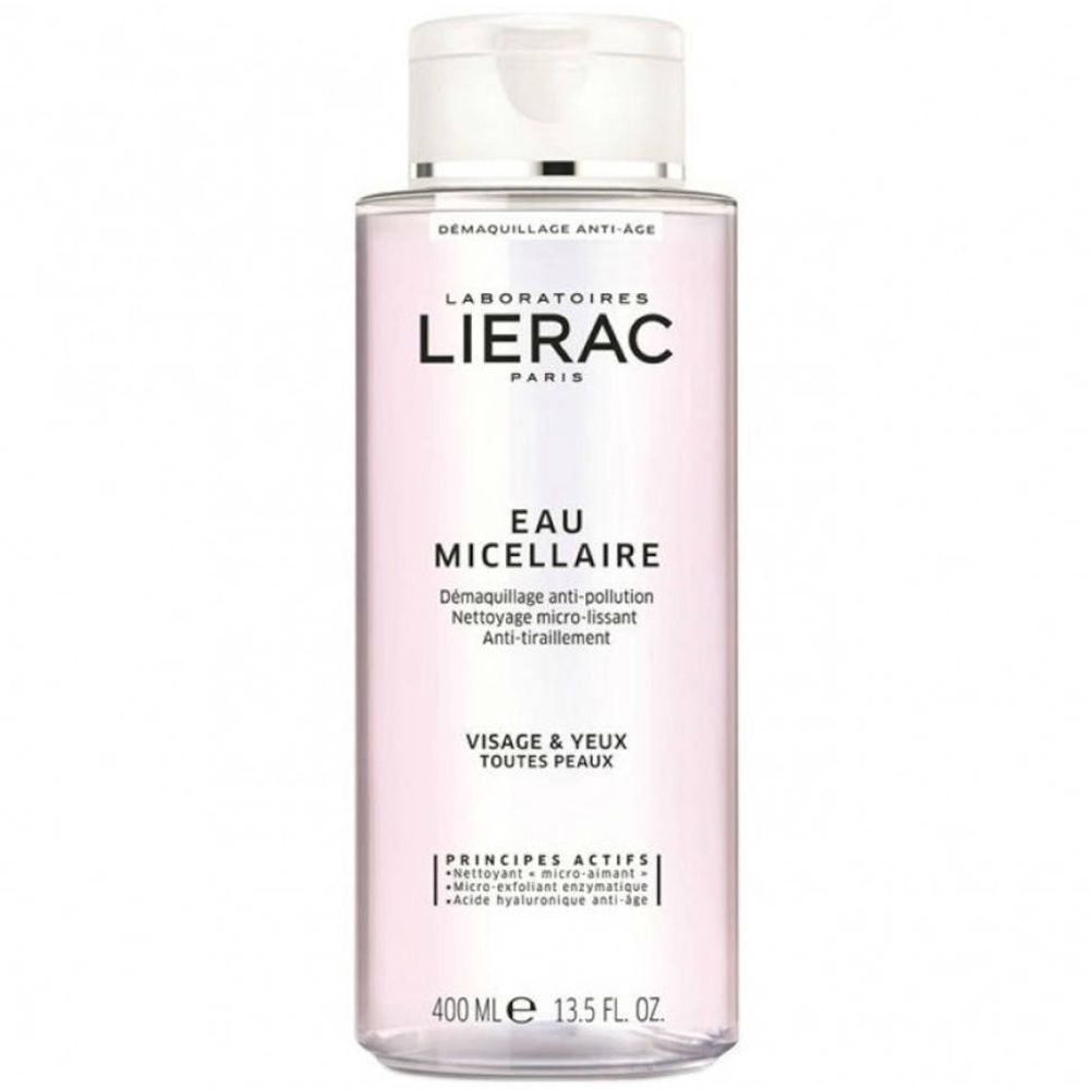 Flacon transparent avec bouchon blanc. Inscription LIERAC, EAU MICELLAIRE. Pour visage & yeux, toutes peaux. 400 ml.