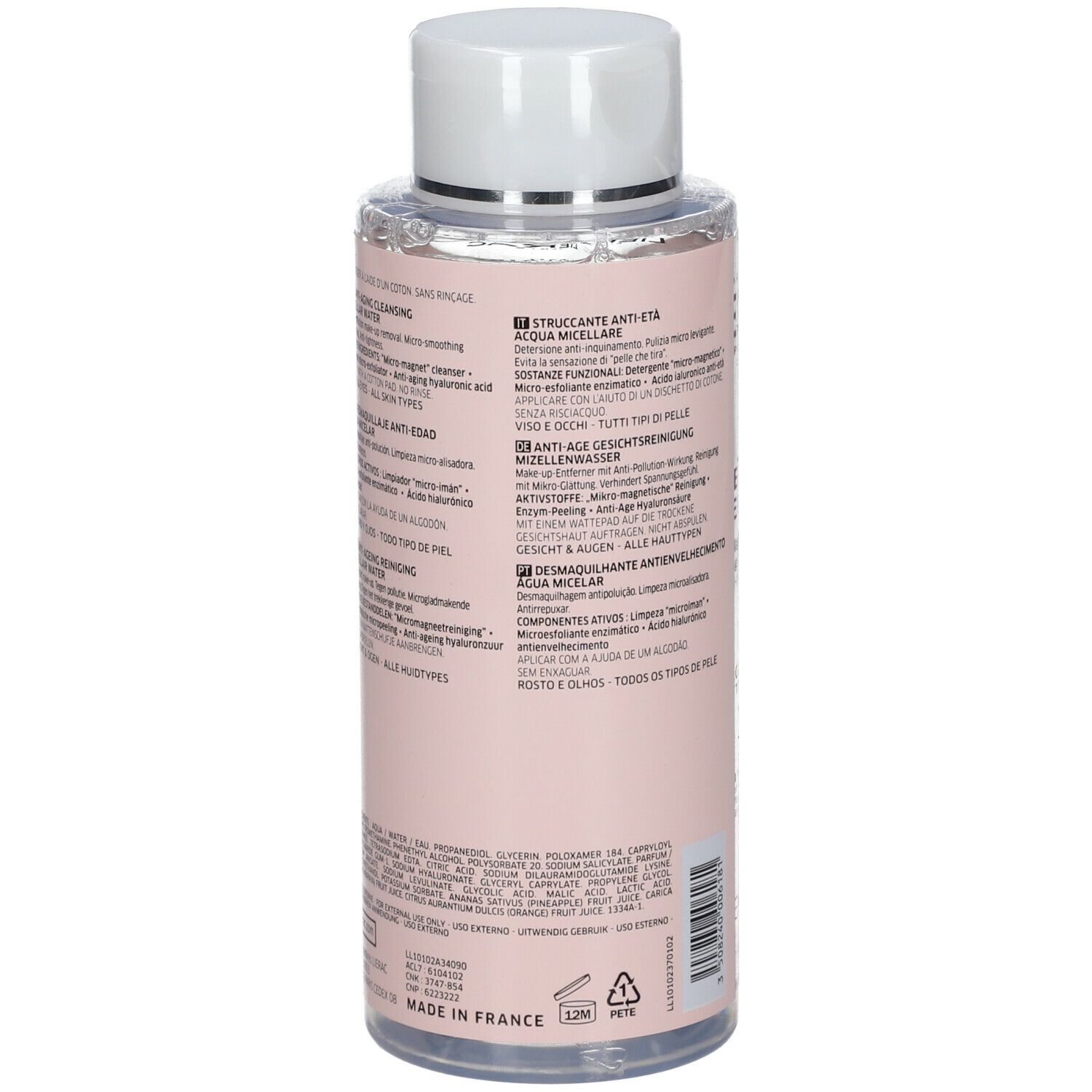 Flacon transparent avec bouchon blanc. Inscription LIERAC, EAU MICELLAIRE. Dos avec texte. 400 ml.